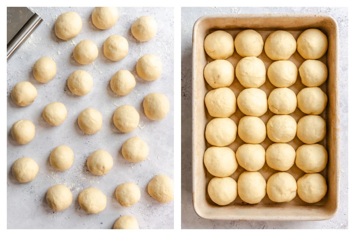 Dough divided into rolls next to roll dough in a baking pan.
