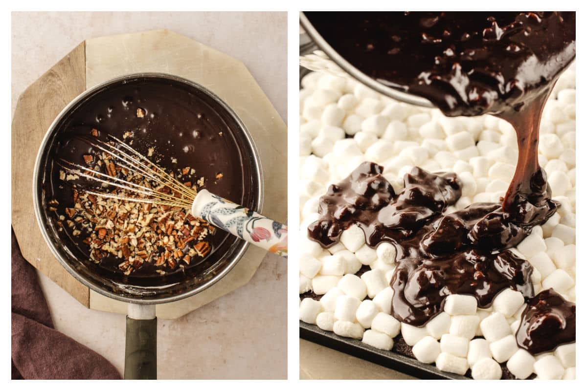 Nuts on top of chocolate icing in in a saucepan next to the icing pouring over marshmallows.