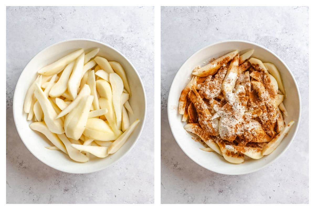 Sliced pears in a bowl next to pears topped with spices, sugar, and flour.
