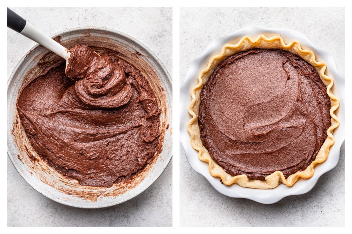Brownie pie filling in a mixing bowl next to the filling in a pie crust.