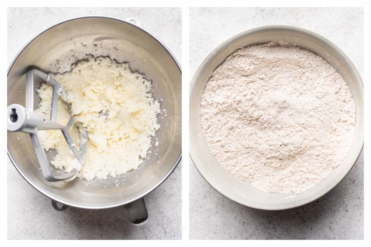 Butter and sugar in a mixing bowl next to dry ingredients for pumpkin cake in a mixing bowl.