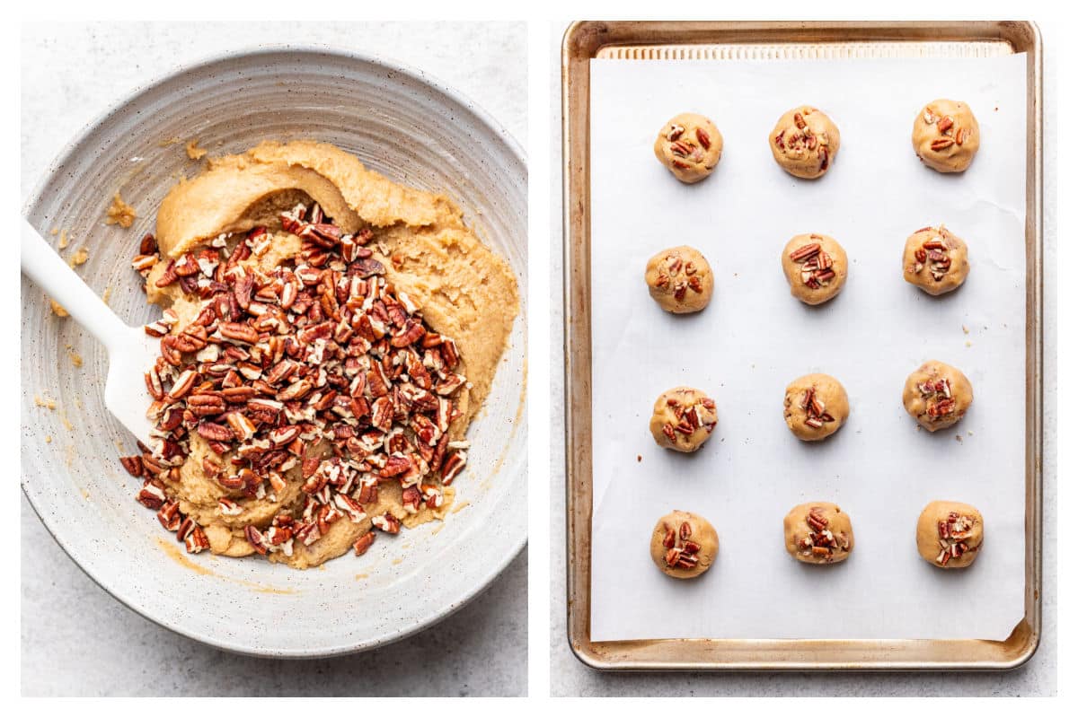Chopped pecans on top of cookie dough next to butter pecan cookie dough balls on a baking sheet. 