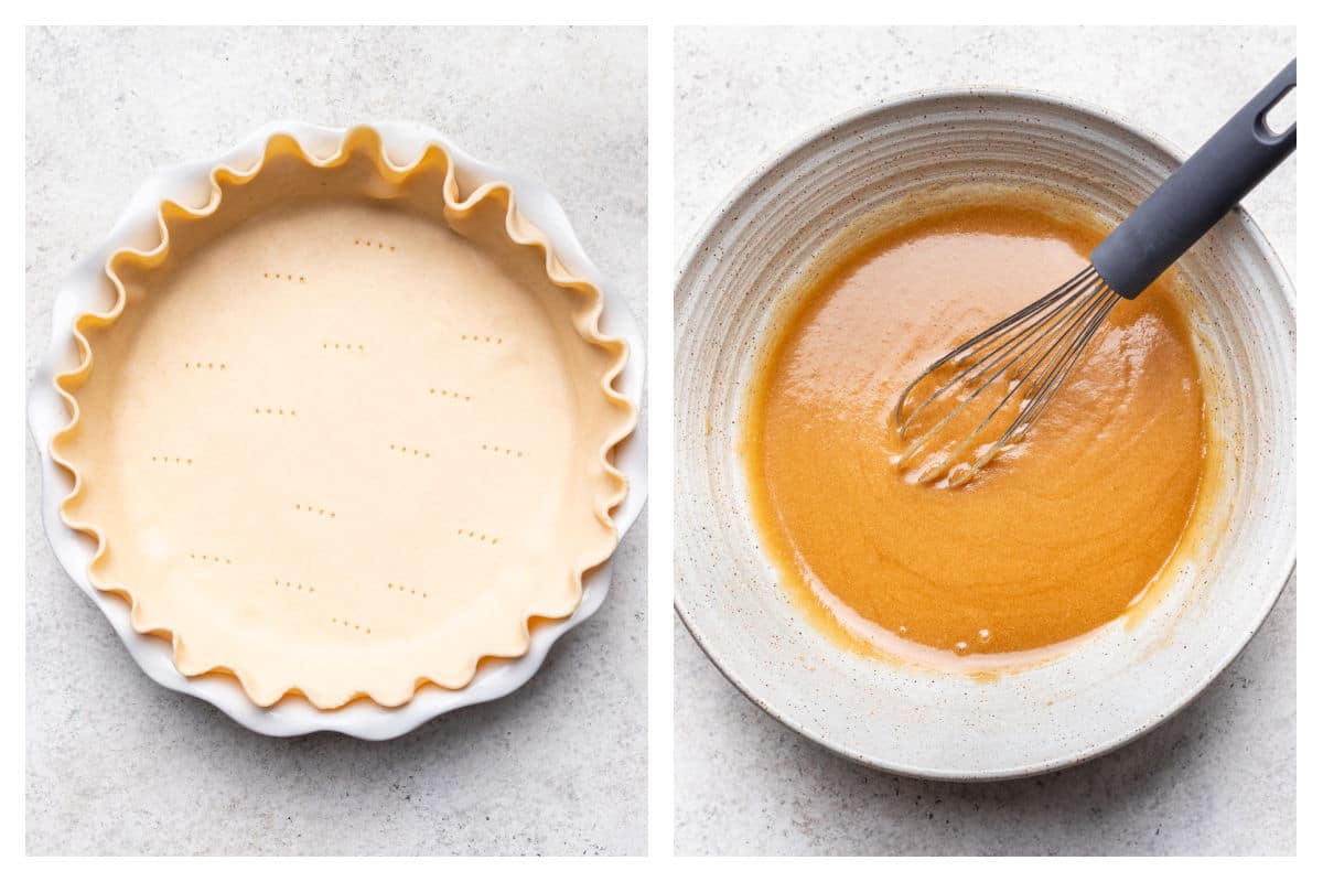 Pie crust ready to bake next to wet ingredients in a mixing bowl for brownie pie.