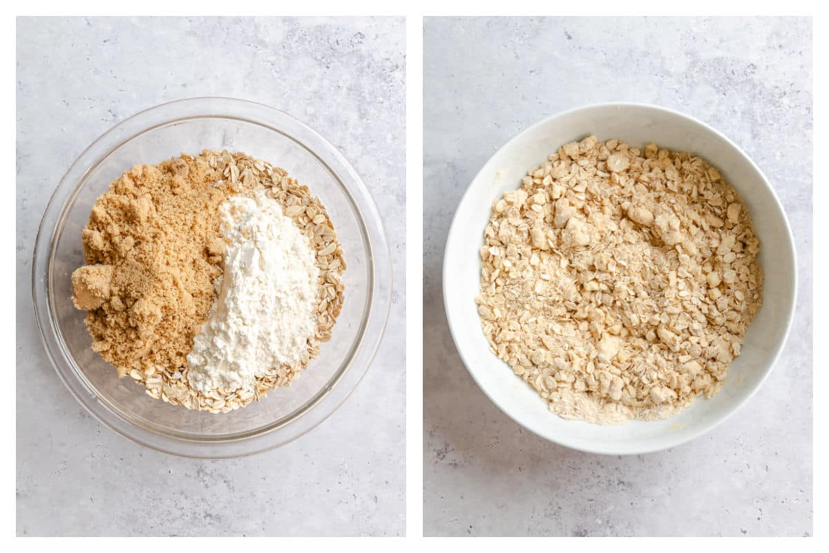 Dry ingredients for crisp topping in a bowl next to crisp topping in a bowl. 
