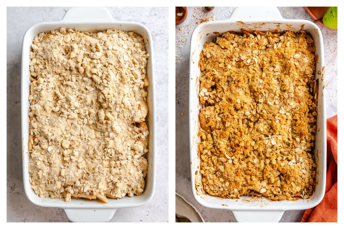 Unbaked pan of pear crisp next to baked pan of pear crisp. 