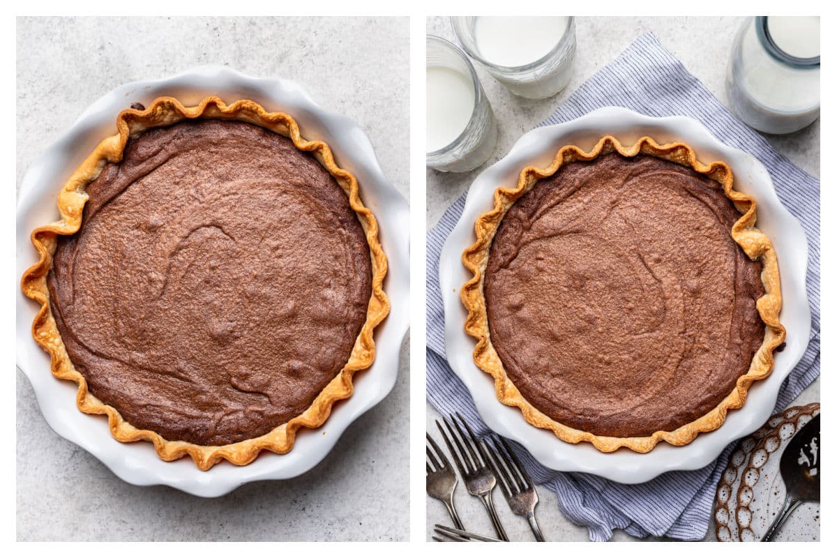 Baked brownie pie in a pie pan.