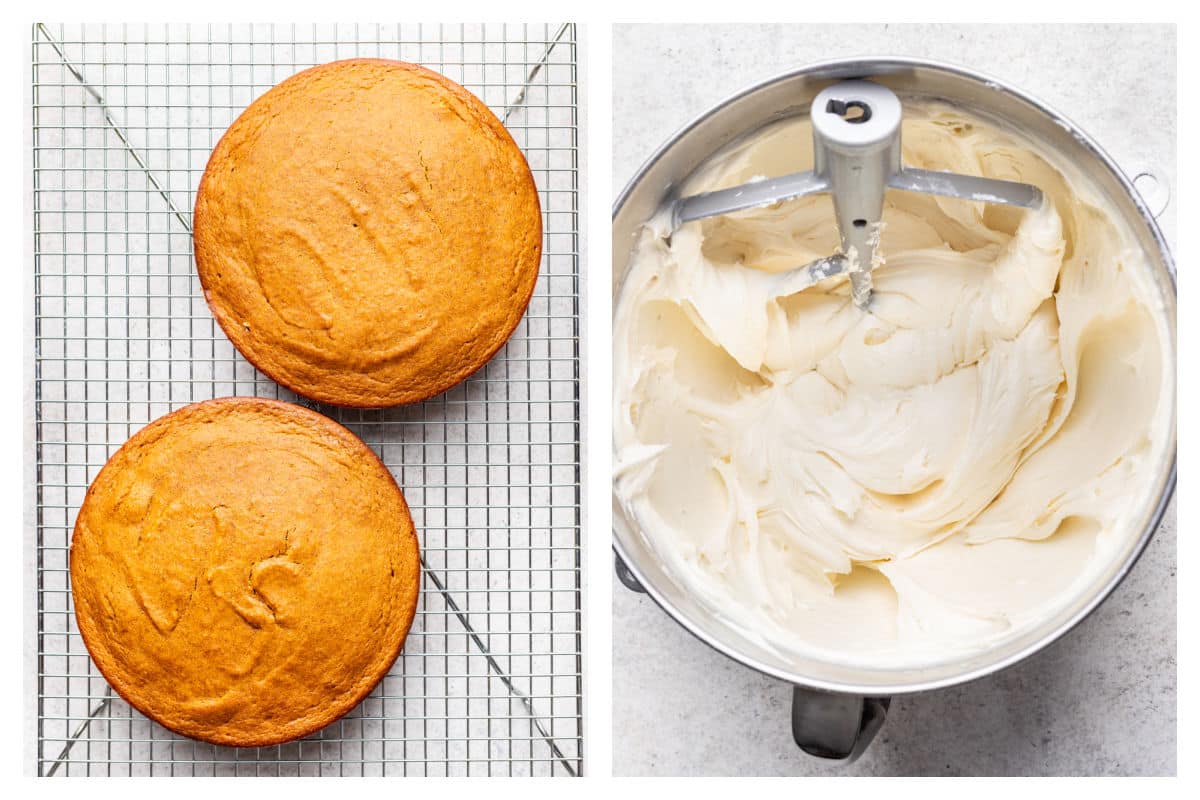 Two baked pumpkin cake layers on a wire cooling rack next to cream cheese frosting in a mixing bowl.