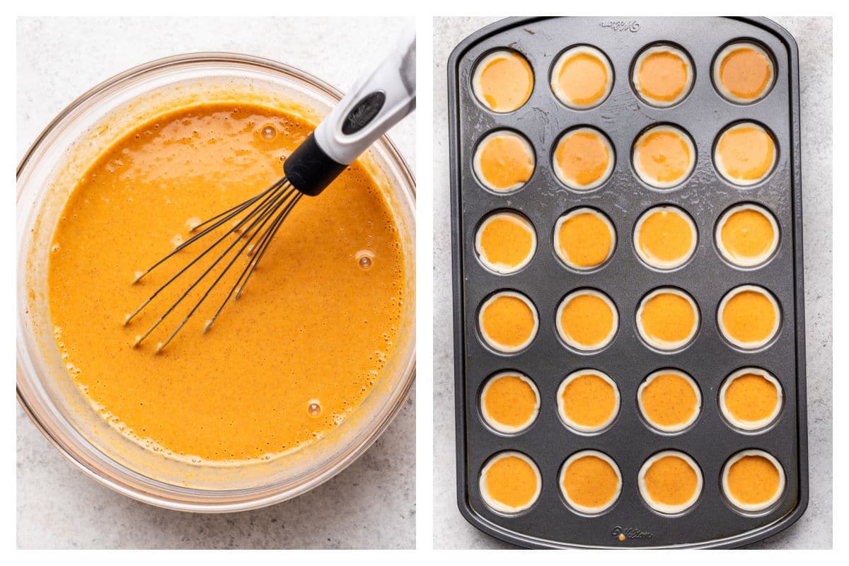 Evaporated milk and eggs whisked into pumpkin mixture next to unbaked mini pumpkin pies in a muffin tin.