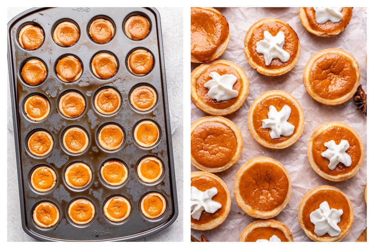 Baked pumpkin pie tassies in a muffin tin next to a dollop of whipped cream on the tassies.