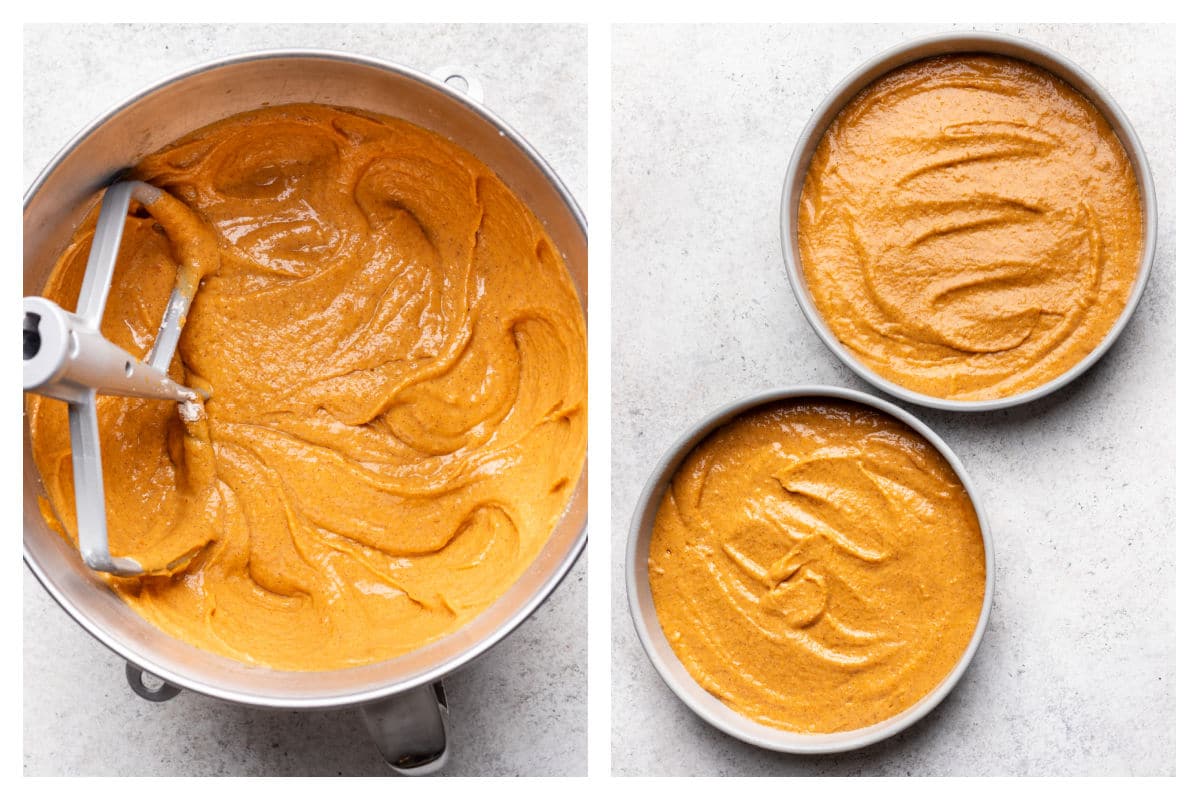 Pumpkin cake batter in a mixing bowl next to batter in pans.