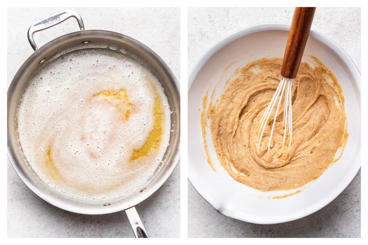 A skillet of browned butter next to the butter stirred into wet ingredients.